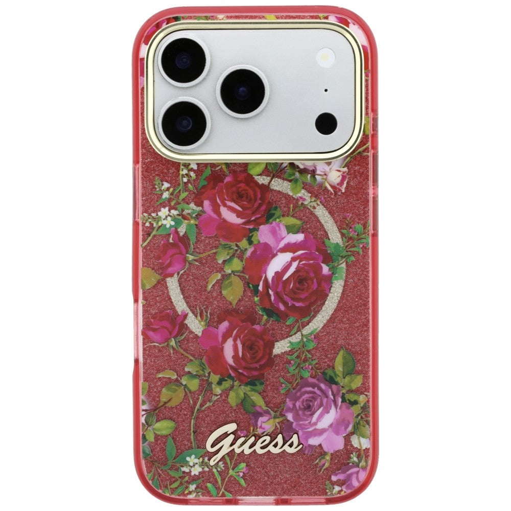 Guess IML Glitter Blossom Roses dėklas iPhone 17 Pro Max / 18 Pro Max - bordo -- iPhone 17 Pro Max / iPhone 18 Pro Max