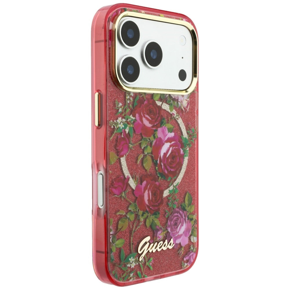 Guess IML Glitter Blossom Roses dėklas iPhone 17 Pro Max / 18 Pro Max - bordo -- iPhone 17 Pro Max / iPhone 18 Pro Max