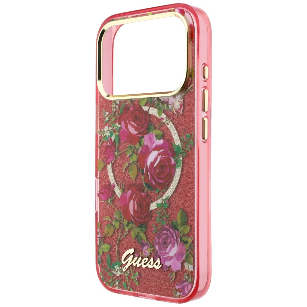 Guess IML Glitter Blossom Roses dėklas iPhone 17 Pro Max / 18 Pro Max - bordo -- iPhone 17 Pro Max / iPhone 18 Pro Max