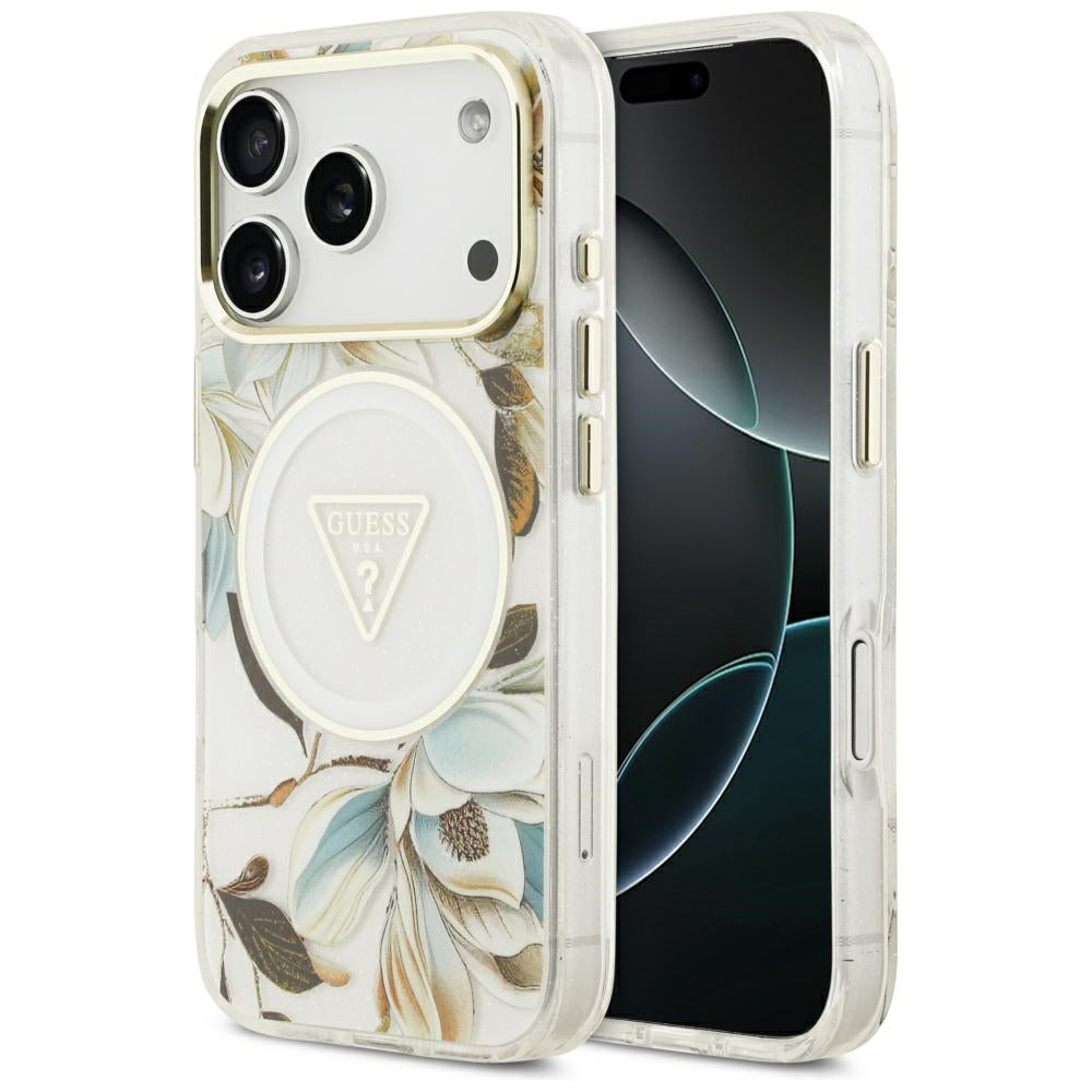 Guess IML Glitter Flowers Triangle MagSafe dėklas iPhone 17 Pro / 18 Pro - Balta -- iPhone 17 Pro / iPhone 18 Pro