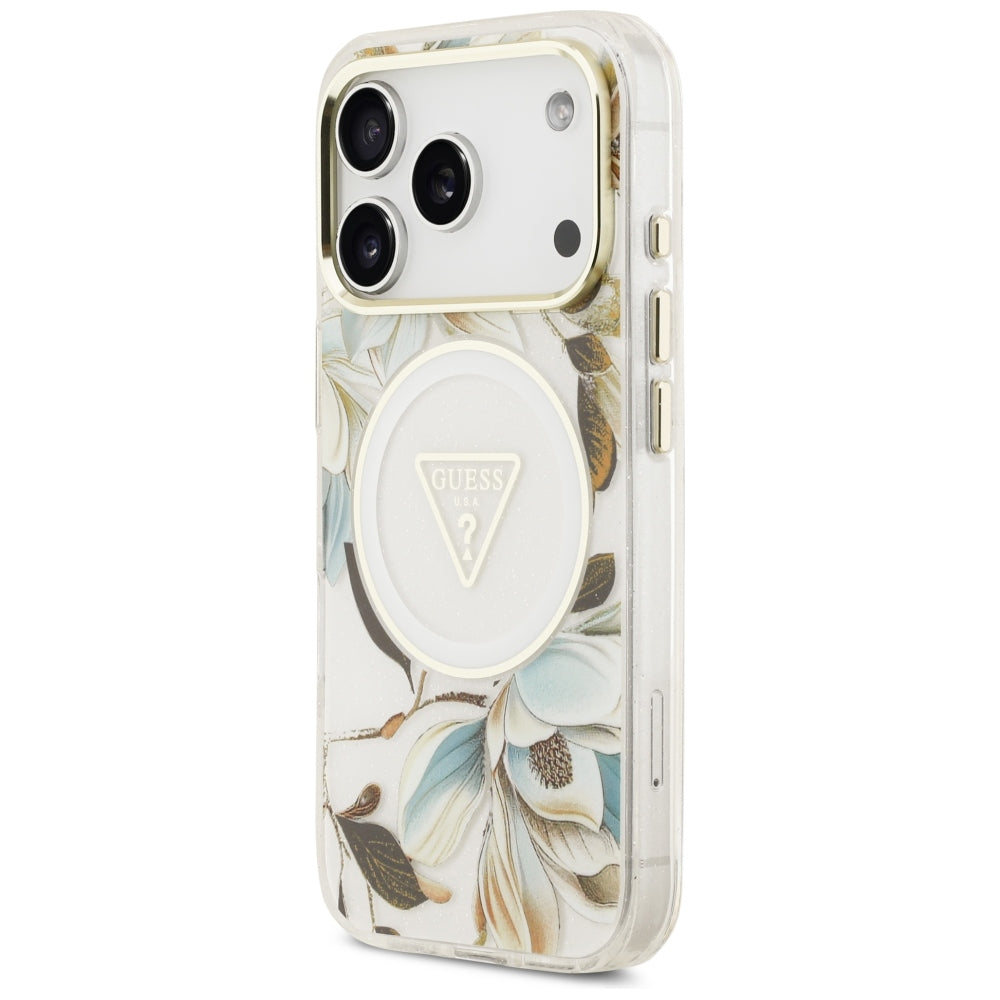 Guess IML Glitter Flowers Triangle MagSafe dėklas iPhone 17 Pro / 18 Pro - Balta -- iPhone 17 Pro / iPhone 18 Pro