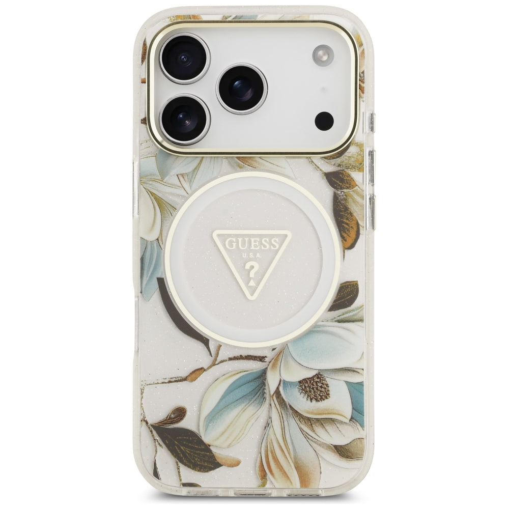 Guess IML Glitter Flowers Triangle MagSafe dėklas iPhone 17 Pro / 18 Pro - Balta -- iPhone 17 Pro / iPhone 18 Pro