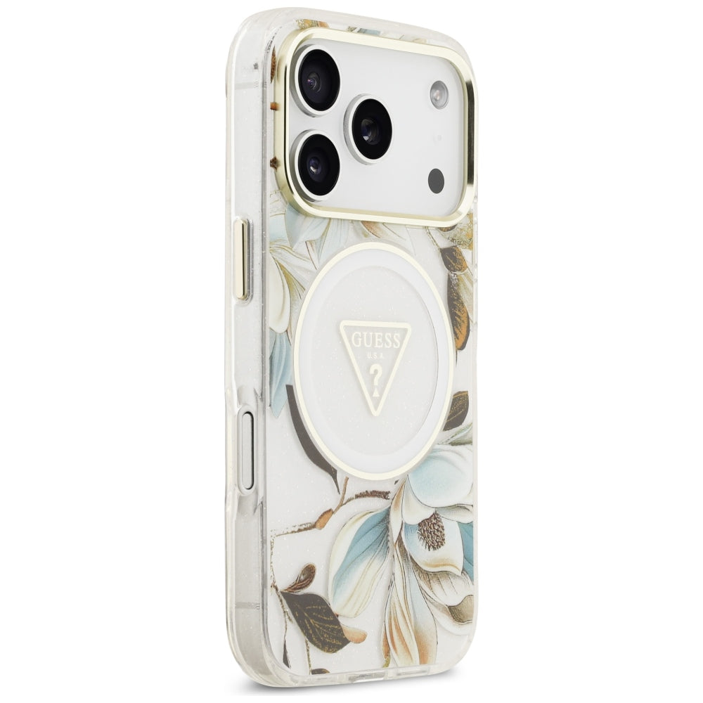 Guess IML Glitter Flowers Triangle MagSafe dėklas iPhone 17 Pro / 18 Pro - Balta -- iPhone 17 Pro / iPhone 18 Pro
