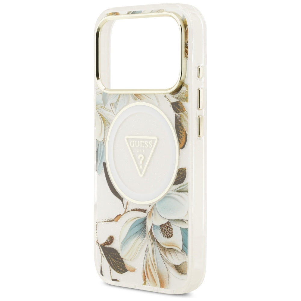 Guess IML Glitter Flowers Triangle MagSafe dėklas iPhone 17 Pro / 18 Pro - Balta -- iPhone 17 Pro / iPhone 18 Pro