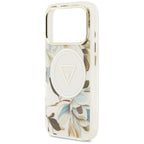 Guess IML Glitter Flowers Triangle MagSafe dėklas iPhone 17 Pro / 18 Pro - Balta -- iPhone 17 Pro / iPhone 18 Pro