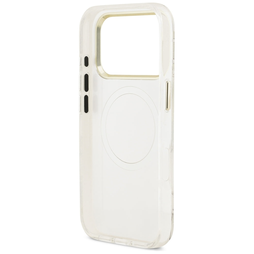 Guess IML Glitter Flowers Triangle MagSafe dėklas iPhone 17 Pro / 18 Pro - Balta -- iPhone 17 Pro / iPhone 18 Pro