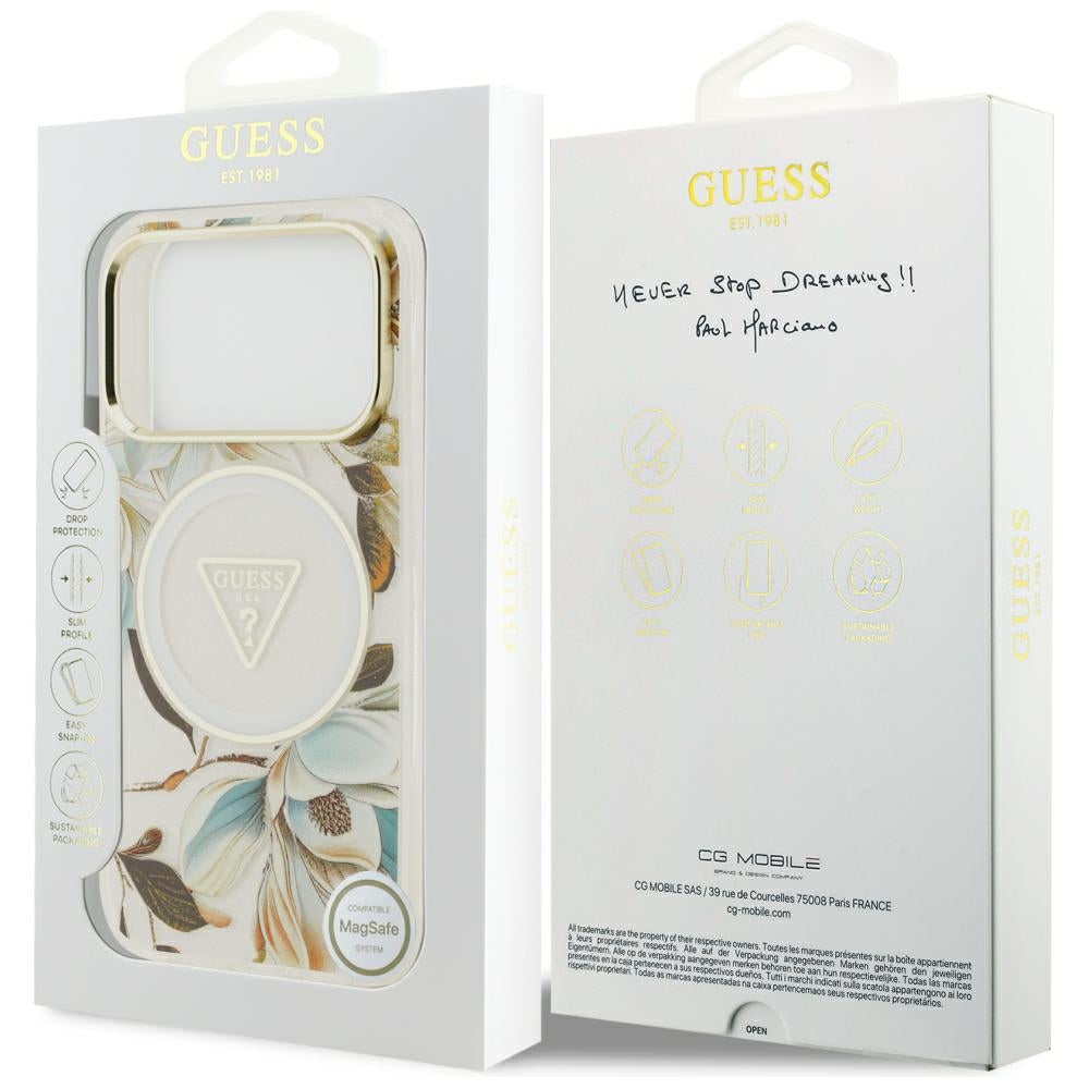 Guess IML Glitter Flowers Triangle MagSafe dėklas iPhone 17 Pro / 18 Pro - Balta -- iPhone 17 Pro / iPhone 18 Pro