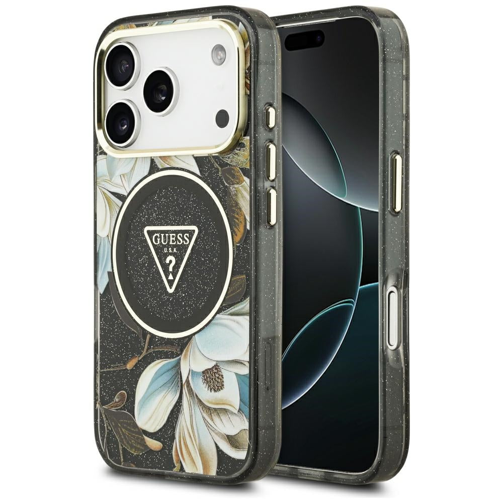 Guess IML Glitter Flowers Triangle MagSafe dėklas iPhone 17 Pro / 18 Pro - Juoda -- iPhone 17 Pro / iPhone 18 Pro
