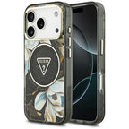 Guess IML Glitter Flowers Triangle MagSafe dėklas iPhone 17 Pro / 18 Pro - Juoda -- iPhone 17 Pro / iPhone 18 Pro