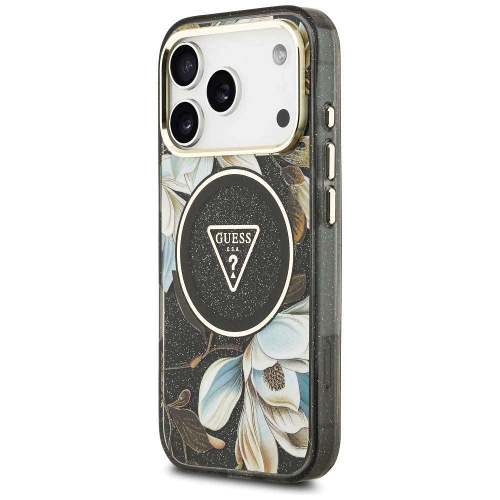 Guess IML Glitter Flowers Triangle MagSafe dėklas iPhone 17 Pro / 18 Pro - Juoda -- iPhone 17 Pro / iPhone 18 Pro