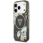Guess IML Glitter Flowers Triangle MagSafe dėklas iPhone 17 Pro / 18 Pro - Juoda -- iPhone 17 Pro / iPhone 18 Pro