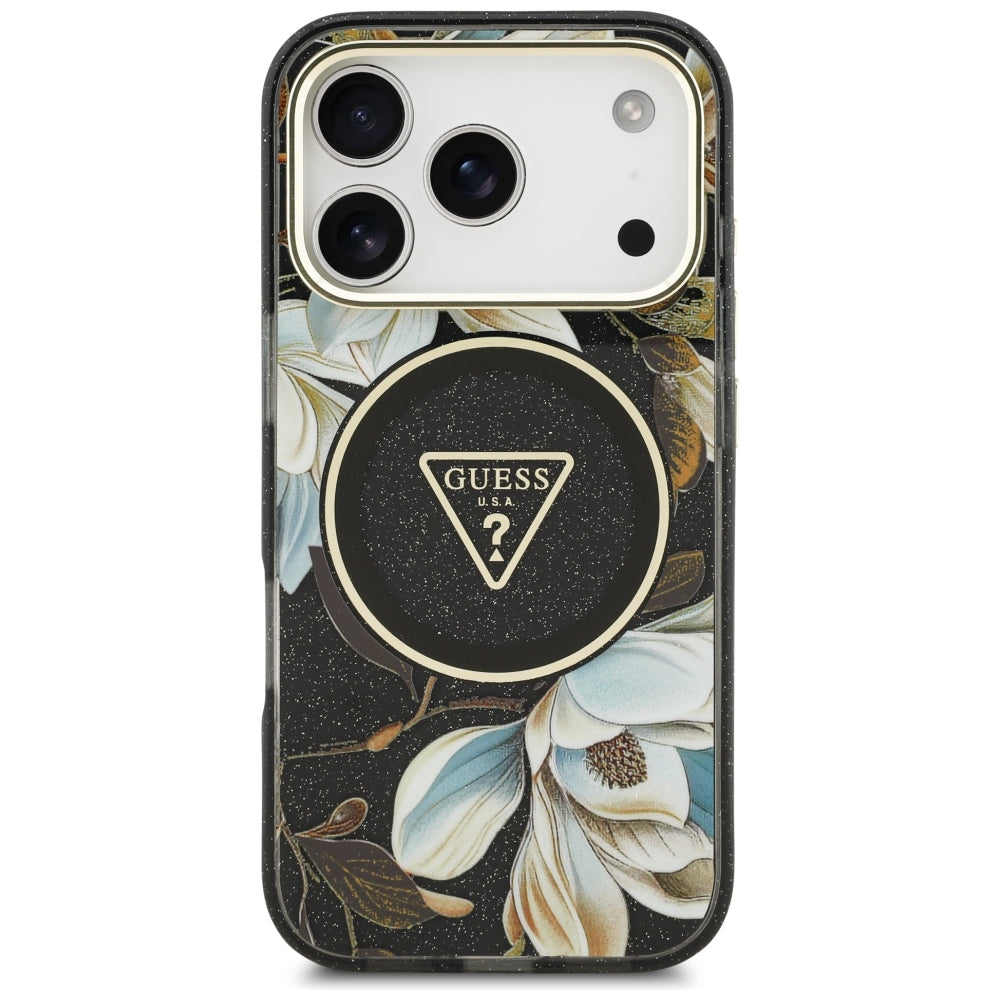 Guess IML Glitter Flowers Triangle MagSafe dėklas iPhone 17 Pro / 18 Pro - Juoda -- iPhone 17 Pro / iPhone 18 Pro
