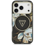 Guess IML Glitter Flowers Triangle MagSafe dėklas iPhone 17 Pro / 18 Pro - Juoda -- iPhone 17 Pro / iPhone 18 Pro