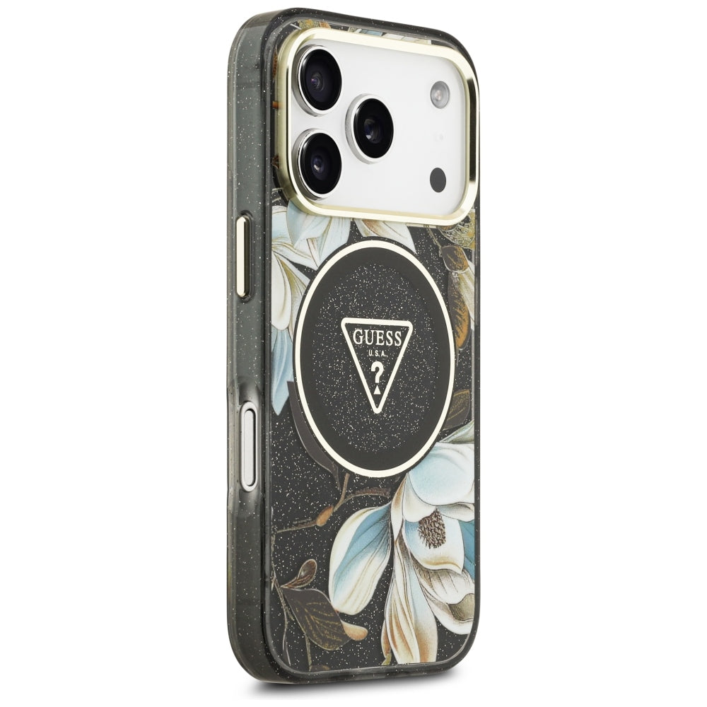 Guess IML Glitter Flowers Triangle MagSafe dėklas iPhone 17 Pro / 18 Pro - Juoda -- iPhone 17 Pro / iPhone 18 Pro