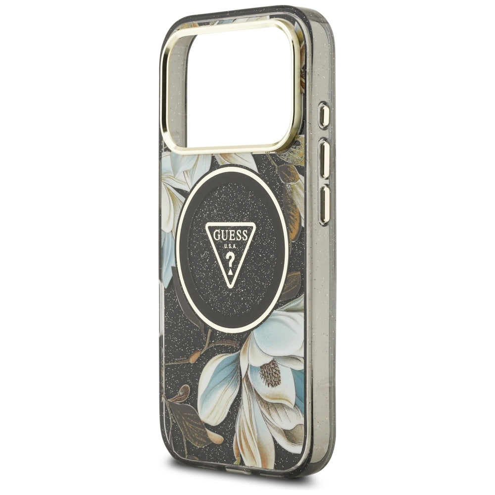 Guess IML Glitter Flowers Triangle MagSafe dėklas iPhone 17 Pro / 18 Pro - Juoda -- iPhone 17 Pro / iPhone 18 Pro