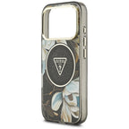 Guess IML Glitter Flowers Triangle MagSafe dėklas iPhone 17 Pro / 18 Pro - Juoda -- iPhone 17 Pro / iPhone 18 Pro
