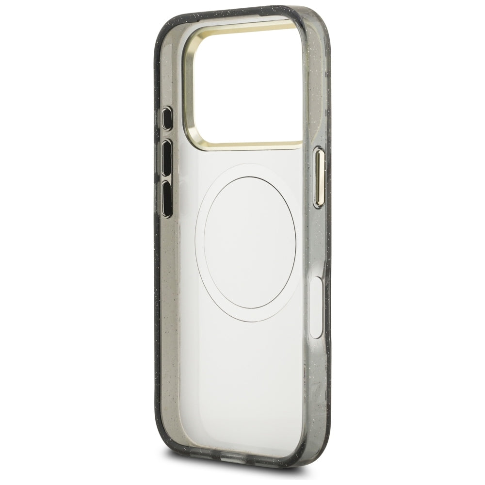 Guess IML Glitter Flowers Triangle MagSafe dėklas iPhone 17 Pro / 18 Pro - Juoda -- iPhone 17 Pro / iPhone 18 Pro