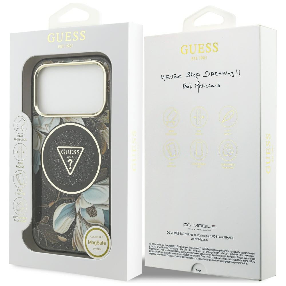 Guess IML Glitter Flowers Triangle MagSafe dėklas iPhone 17 Pro / 18 Pro - Juoda -- iPhone 17 Pro / iPhone 18 Pro