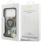 Guess IML Glitter Flowers Triangle MagSafe dėklas iPhone 17 Pro / 18 Pro - Juoda -- iPhone 17 Pro / iPhone 18 Pro
