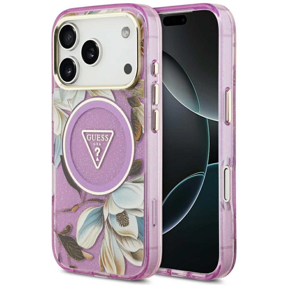 Guess IML Glitter Flowers Triangle MagSafe dėklas iPhone 17 Pro / 18 Pro - Violetinė -- iPhone 17 Pro / iPhone 18 Pro