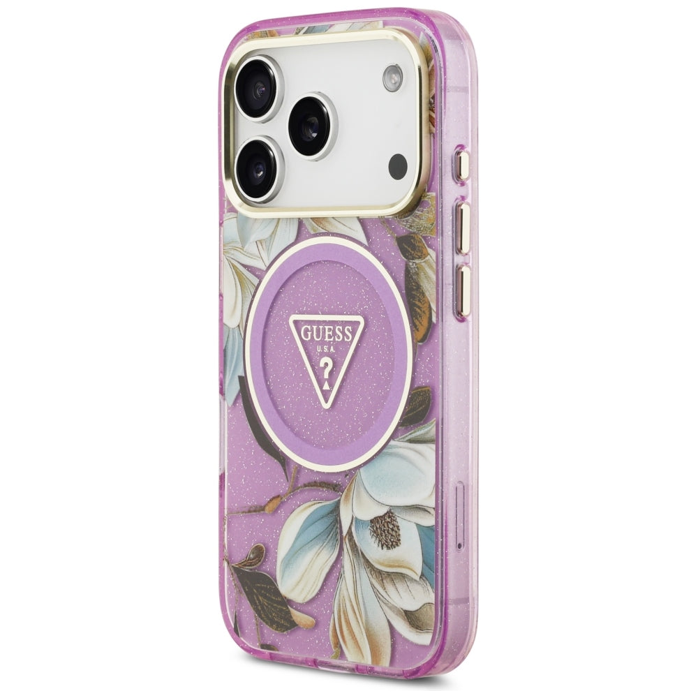 Guess IML Glitter Flowers Triangle MagSafe dėklas iPhone 17 Pro / 18 Pro - Violetinė -- iPhone 17 Pro / iPhone 18 Pro