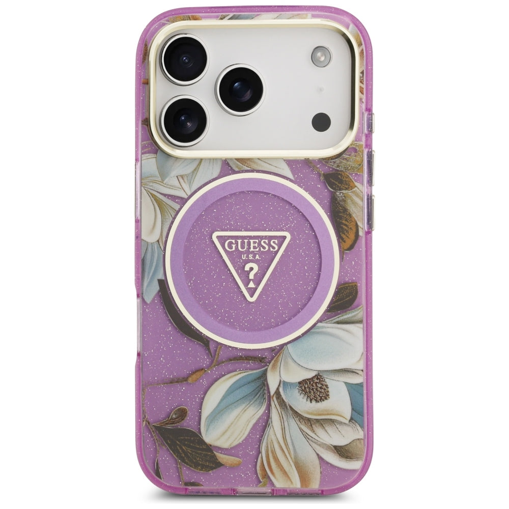 Guess IML Glitter Flowers Triangle MagSafe dėklas iPhone 17 Pro / 18 Pro - Violetinė -- iPhone 17 Pro / iPhone 18 Pro