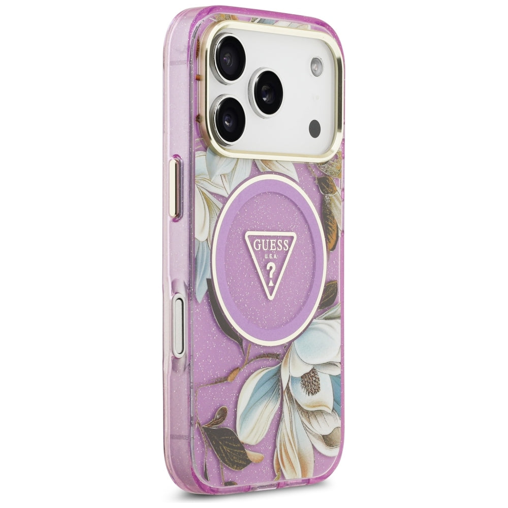 Guess IML Glitter Flowers Triangle MagSafe dėklas iPhone 17 Pro / 18 Pro - Violetinė -- iPhone 17 Pro / iPhone 18 Pro