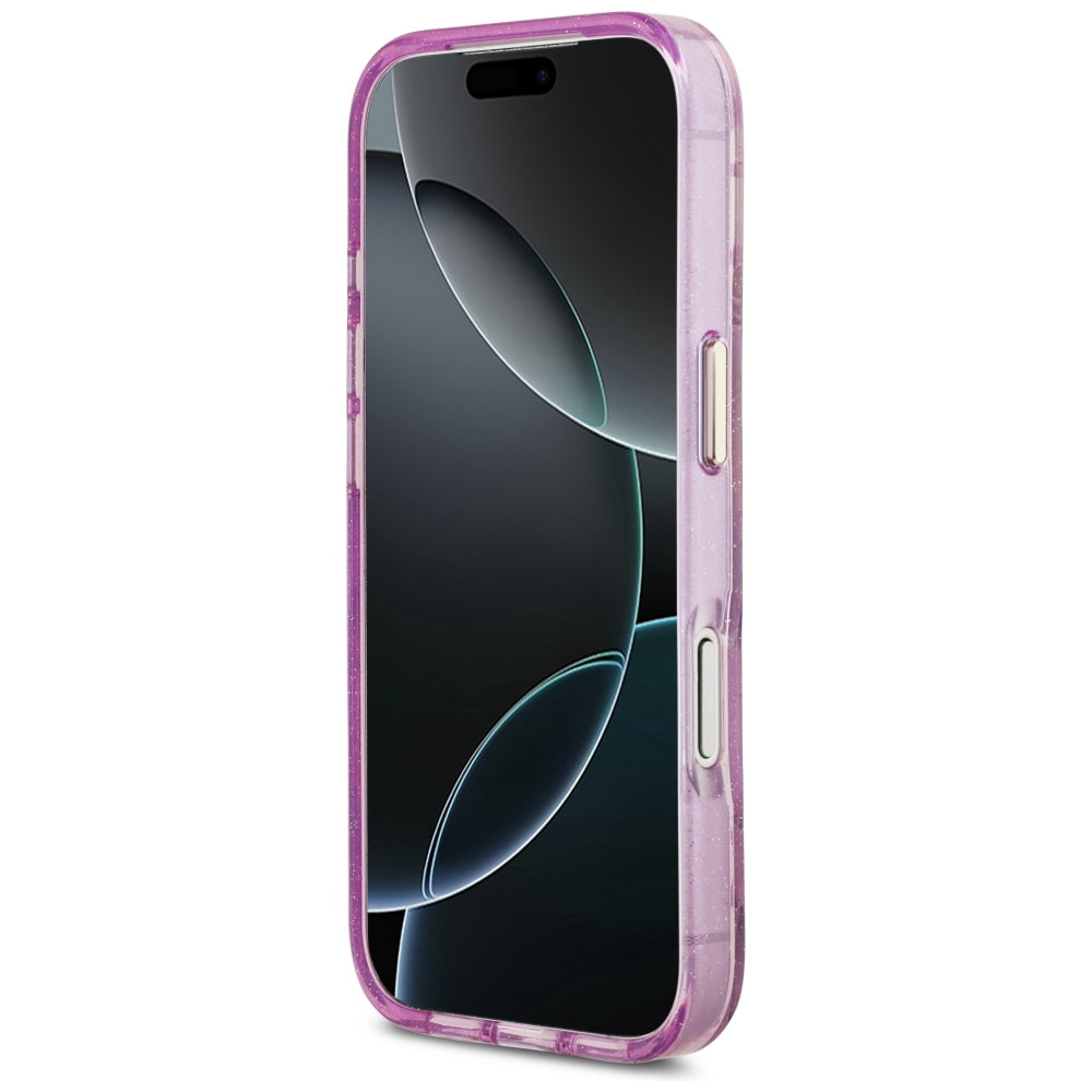 Guess IML Glitter Flowers Triangle MagSafe dėklas iPhone 17 Pro / 18 Pro - Violetinė -- iPhone 17 Pro / iPhone 18 Pro