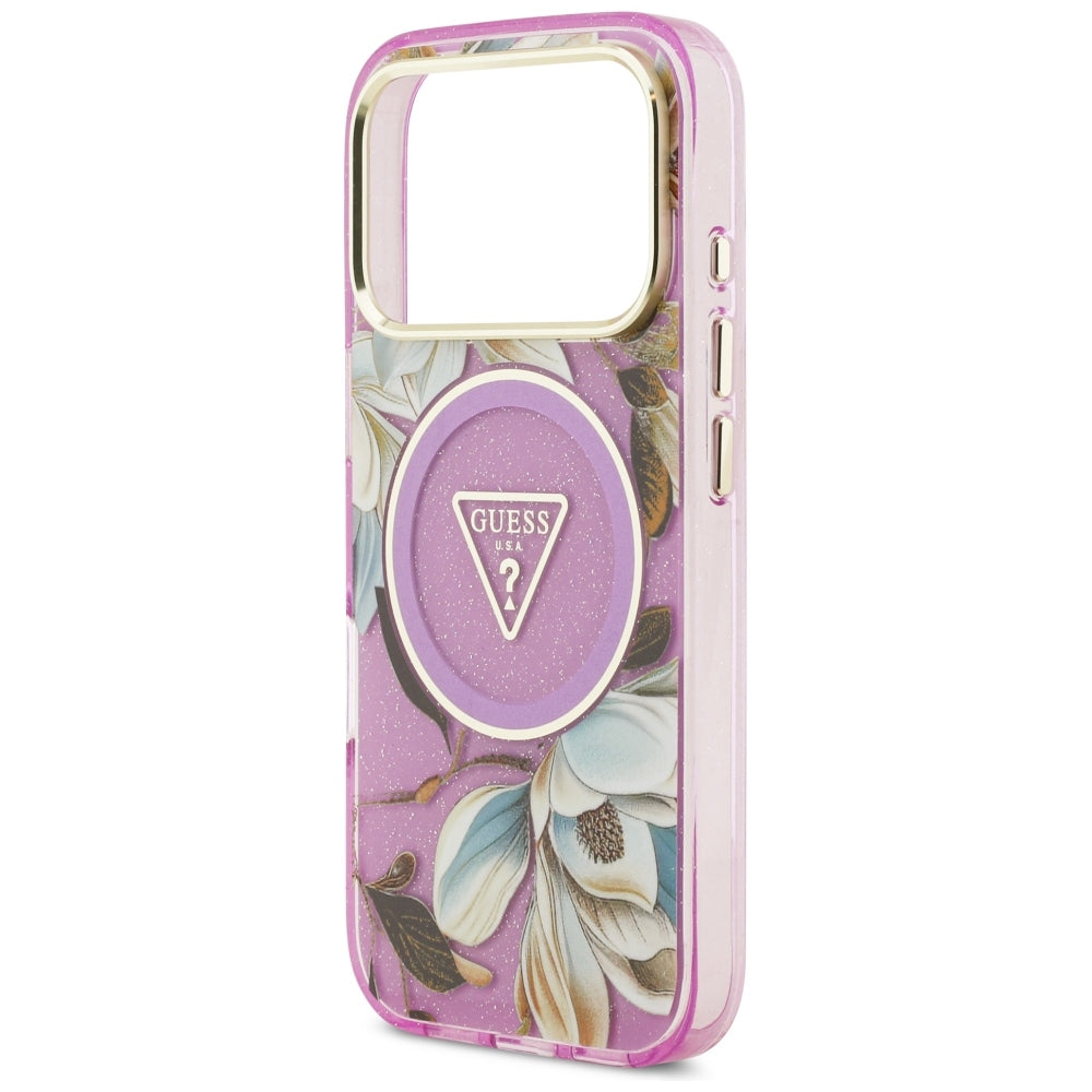 Guess IML Glitter Flowers Triangle MagSafe dėklas iPhone 17 Pro / 18 Pro - Violetinė -- iPhone 17 Pro / iPhone 18 Pro