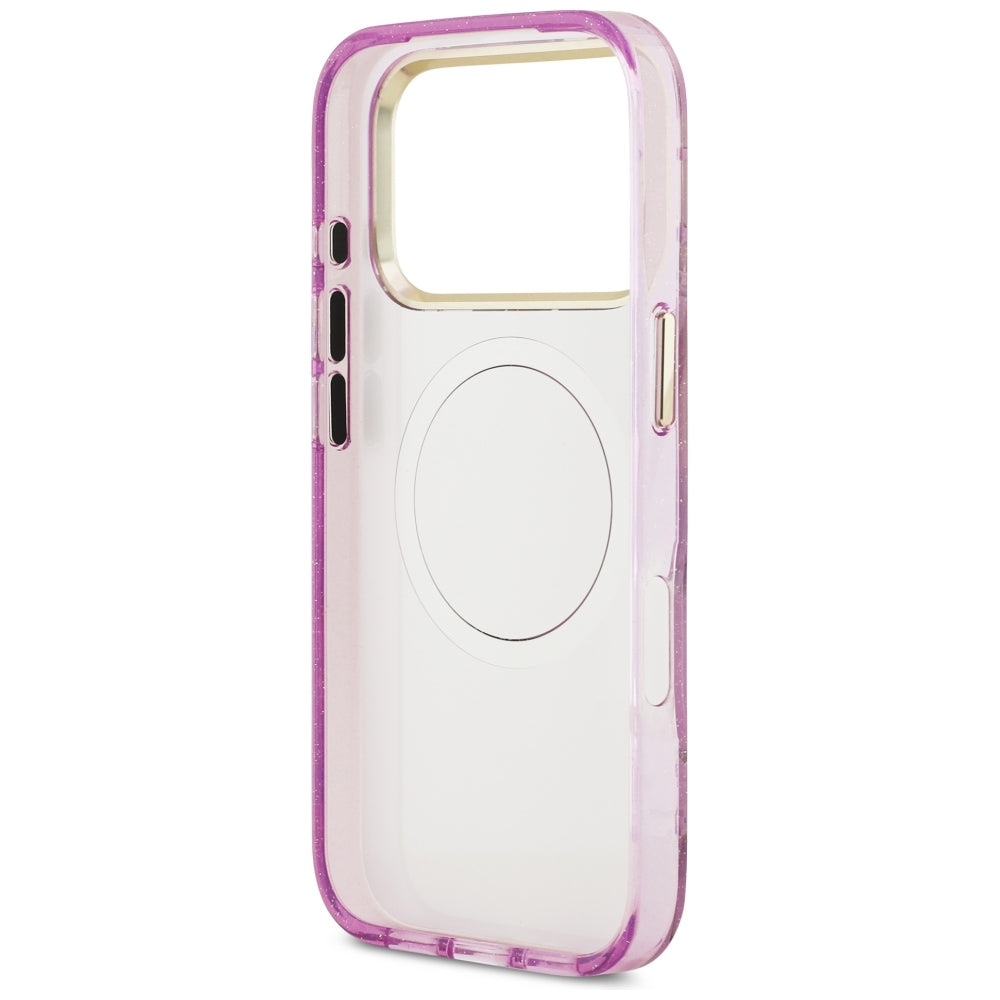 Guess IML Glitter Flowers Triangle MagSafe dėklas iPhone 17 Pro / 18 Pro - Violetinė -- iPhone 17 Pro / iPhone 18 Pro