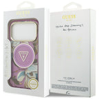 Guess IML Glitter Flowers Triangle MagSafe dėklas iPhone 17 Pro / 18 Pro - Violetinė -- iPhone 17 Pro / iPhone 18 Pro