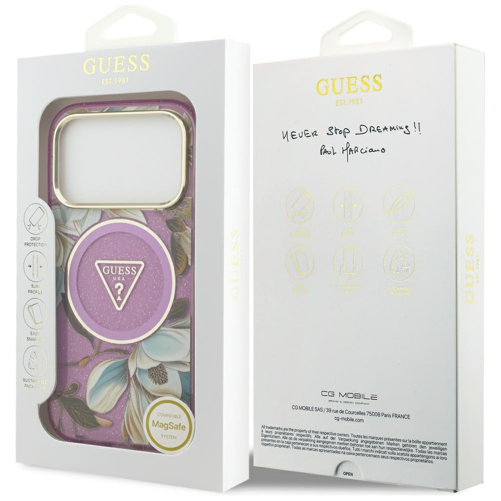 Guess IML Glitter Flowers Triangle MagSafe dėklas iPhone 17 Pro / 18 Pro - Violetinė -- iPhone 17 Pro / iPhone 18 Pro