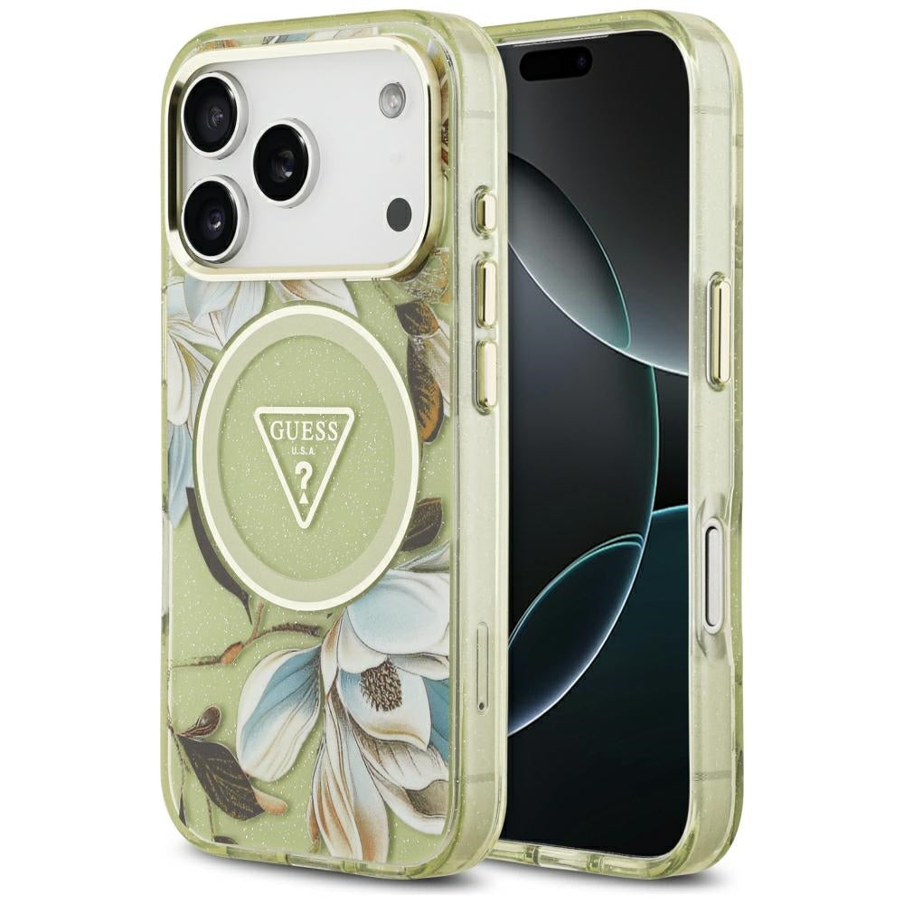 Guess IML Glitter Flowers Triangle MagSafe dėklas iPhone 17 Pro / 18 Pro - Žalias -- iPhone 17 Pro / iPhone 18 Pro