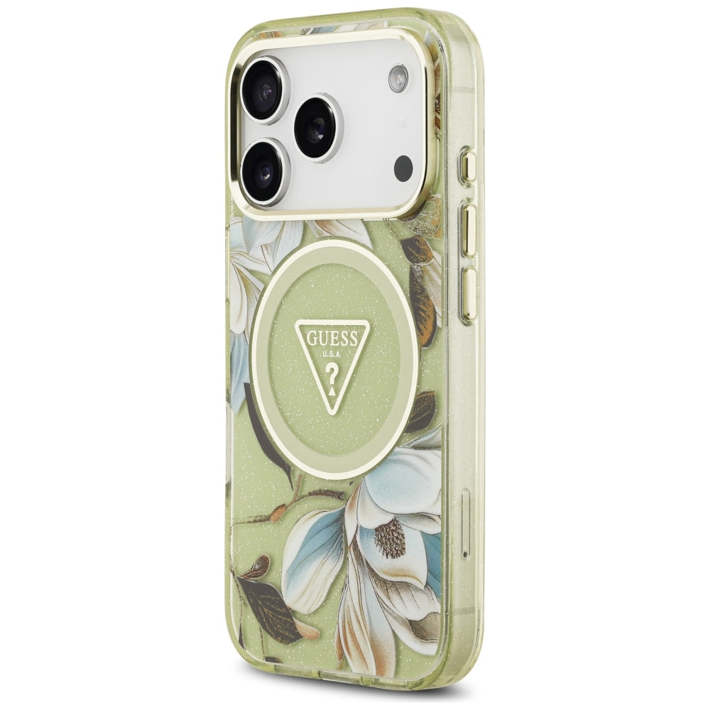 Guess IML Glitter Flowers Triangle MagSafe dėklas iPhone 17 Pro / 18 Pro - Žalias -- iPhone 17 Pro / iPhone 18 Pro