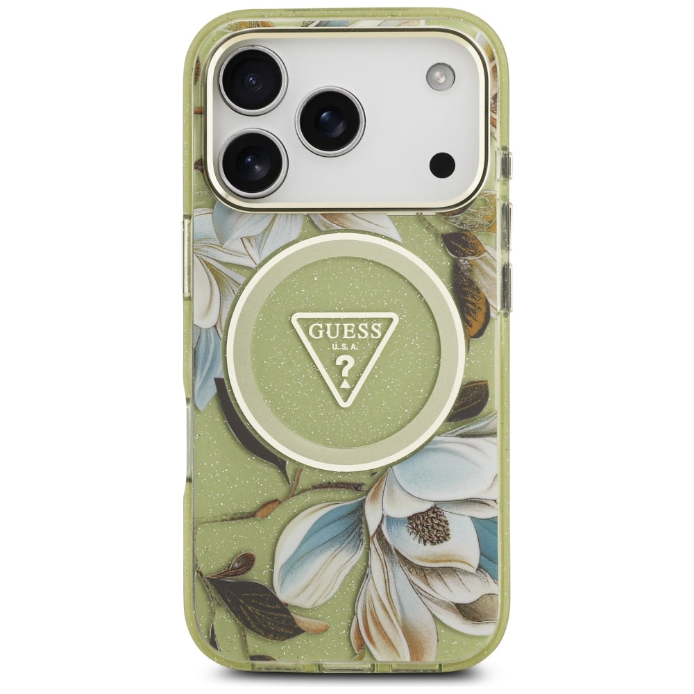 Guess IML Glitter Flowers Triangle MagSafe dėklas iPhone 17 Pro / 18 Pro - Žalias -- iPhone 17 Pro / iPhone 18 Pro