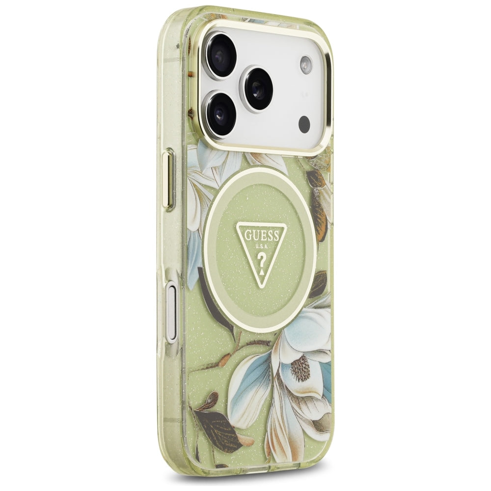 Guess IML Glitter Flowers Triangle MagSafe dėklas iPhone 17 Pro / 18 Pro - Žalias -- iPhone 17 Pro / iPhone 18 Pro