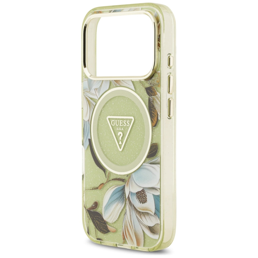 Guess IML Glitter Flowers Triangle MagSafe dėklas iPhone 17 Pro / 18 Pro - Žalias -- iPhone 17 Pro / iPhone 18 Pro