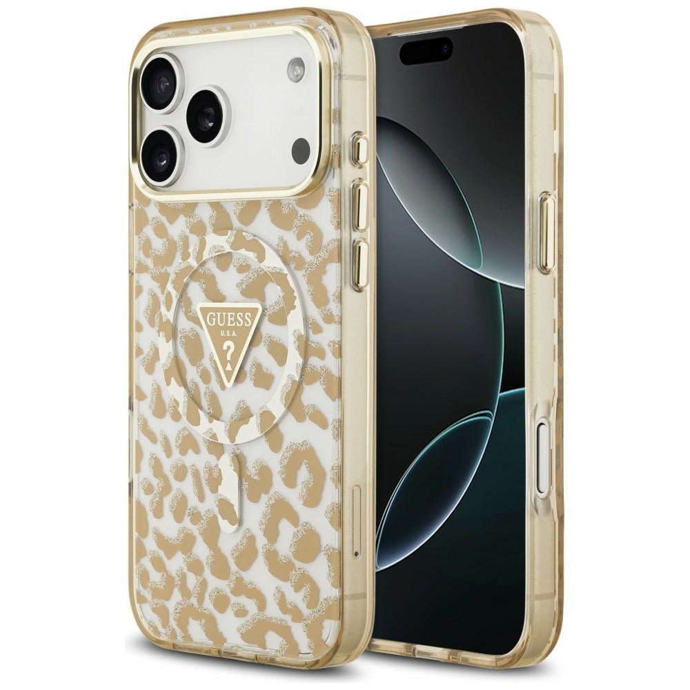 Guess IML Leopard Glitter Triangle Logo MagSafe dėklas iPhone 17 Pro / 18 Pro - Ruda -- iPhone 17 Pro / iPhone 18 Pro
