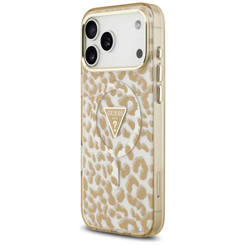 Guess IML Leopard Glitter Triangle Logo MagSafe dėklas iPhone 17 Pro / 18 Pro - Ruda -- iPhone 17 Pro / iPhone 18 Pro