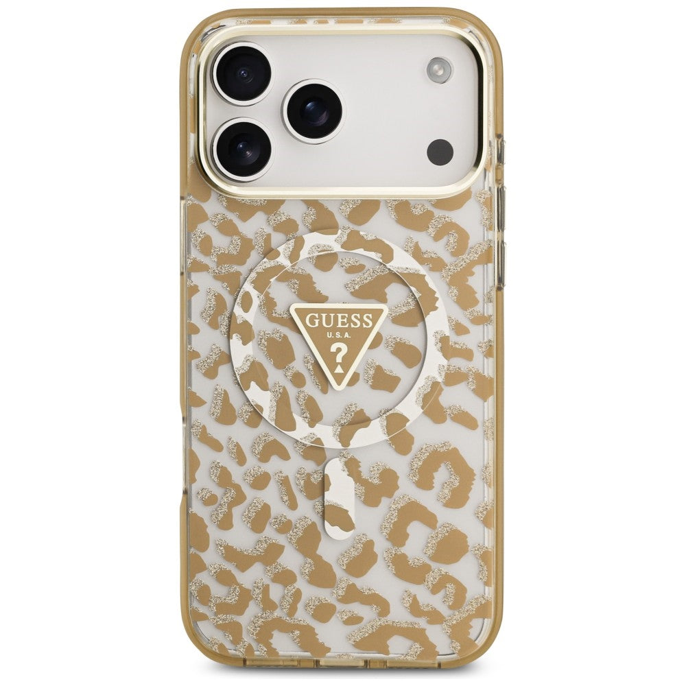 Guess IML Leopard Glitter Triangle Logo MagSafe dėklas iPhone 17 Pro / 18 Pro - Ruda -- iPhone 17 Pro / iPhone 18 Pro