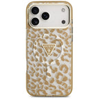 Guess IML Leopard Glitter Triangle Logo MagSafe dėklas iPhone 17 Pro / 18 Pro - Ruda -- iPhone 17 Pro / iPhone 18 Pro