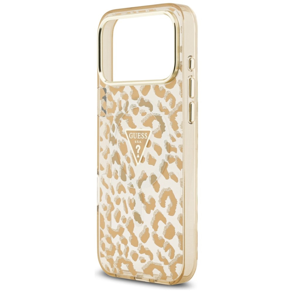 Guess IML Leopard Glitter Triangle Logo MagSafe dėklas iPhone 17 Pro / 18 Pro - Ruda -- iPhone 17 Pro / iPhone 18 Pro
