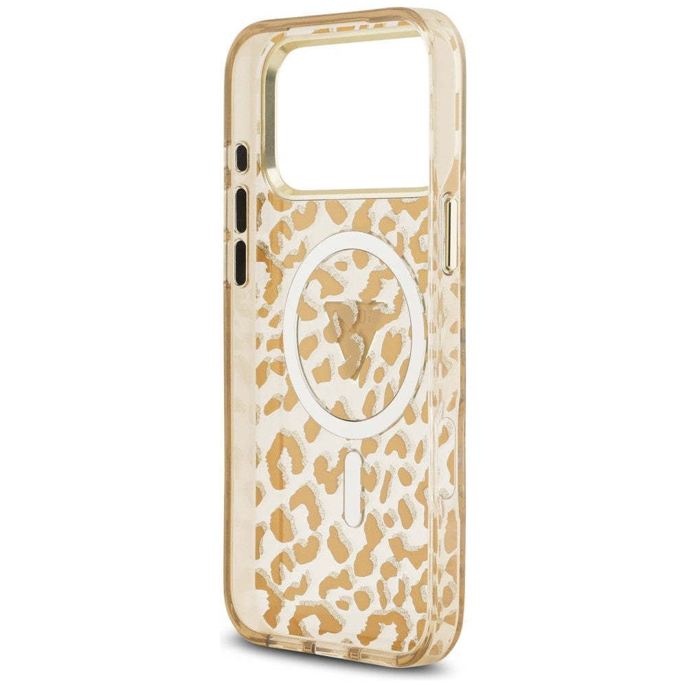 Guess IML Leopard Glitter Triangle Logo MagSafe dėklas iPhone 17 Pro / 18 Pro - Ruda -- iPhone 17 Pro / iPhone 18 Pro