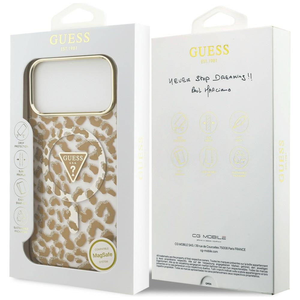 Guess IML Leopard Glitter Triangle Logo MagSafe dėklas iPhone 17 Pro / 18 Pro - Ruda -- iPhone 17 Pro / iPhone 18 Pro