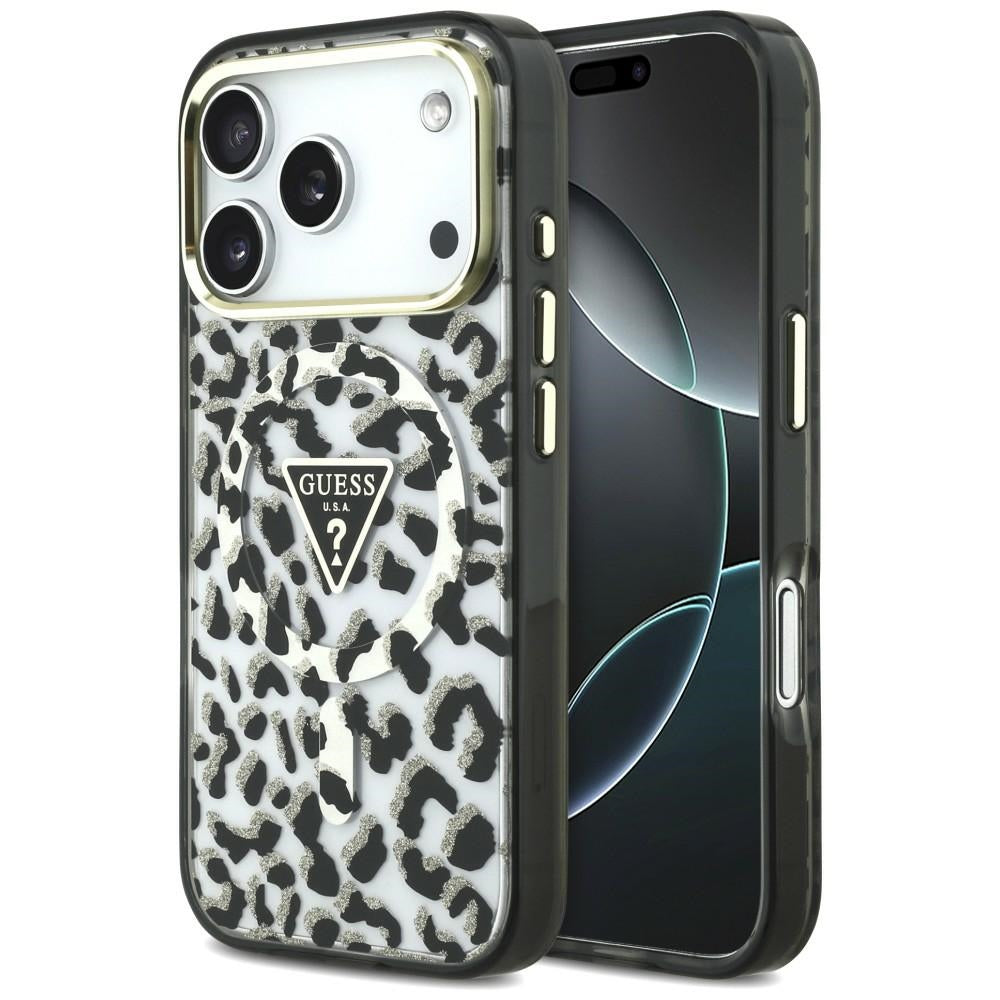 Guess IML Leopard Glitter Triangle Logo MagSafe dėklas iPhone 17 Pro / 18 Pro - Juoda -- iPhone 17 Pro / iPhone 18 Pro