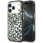 Guess IML Leopard Glitter Triangle Logo MagSafe dėklas iPhone 17 Pro / 18 Pro - Juoda -- iPhone 17 Pro / iPhone 18 Pro