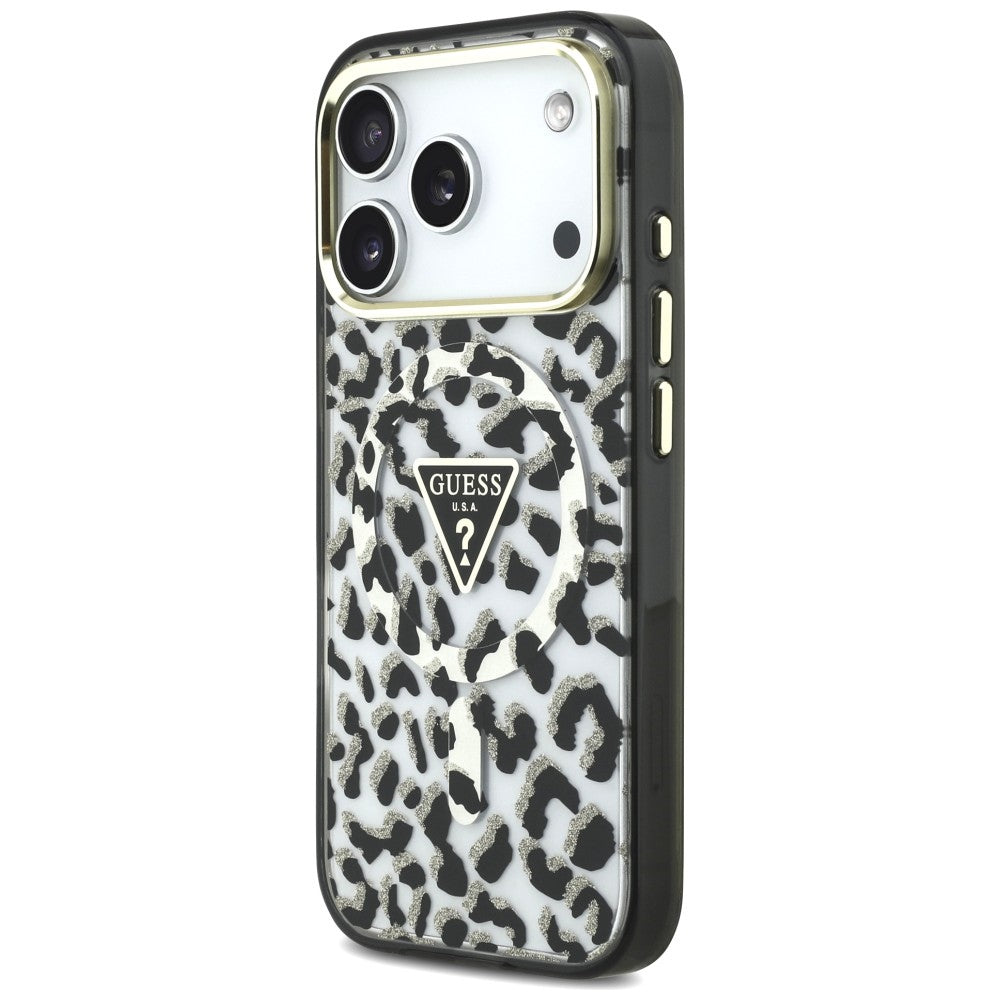 Guess IML Leopard Glitter Triangle Logo MagSafe dėklas iPhone 17 Pro / 18 Pro - Juoda -- iPhone 17 Pro / iPhone 18 Pro