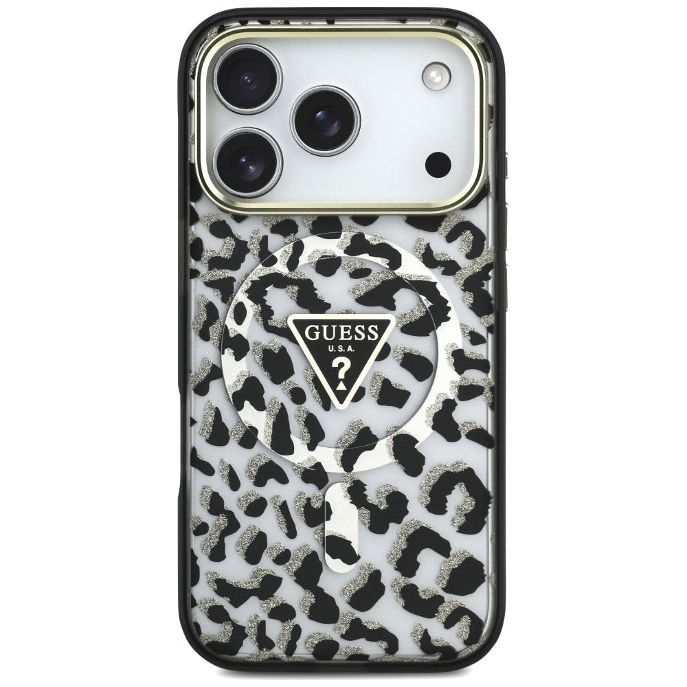 Guess IML Leopard Glitter Triangle Logo MagSafe dėklas iPhone 17 Pro / 18 Pro - Juoda -- iPhone 17 Pro / iPhone 18 Pro