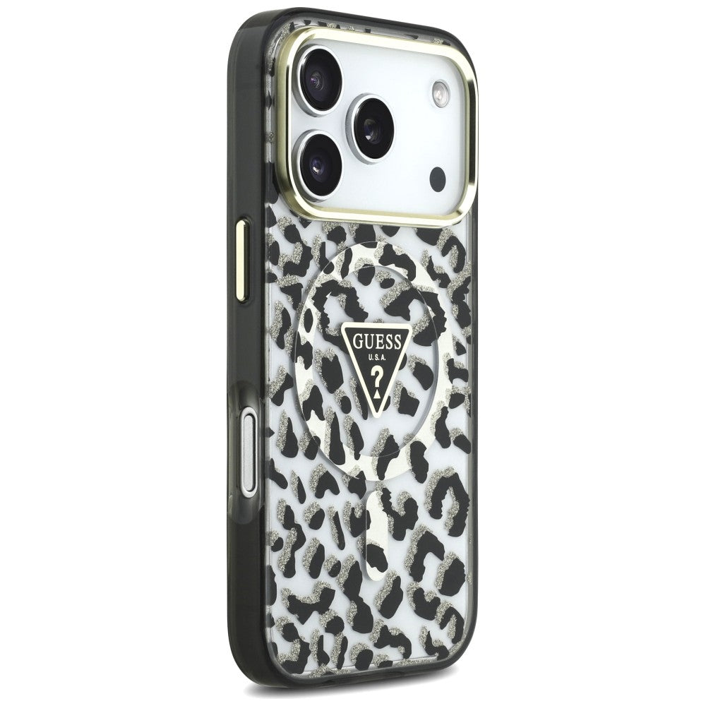 Guess IML Leopard Glitter Triangle Logo MagSafe dėklas iPhone 17 Pro / 18 Pro - Juoda -- iPhone 17 Pro / iPhone 18 Pro