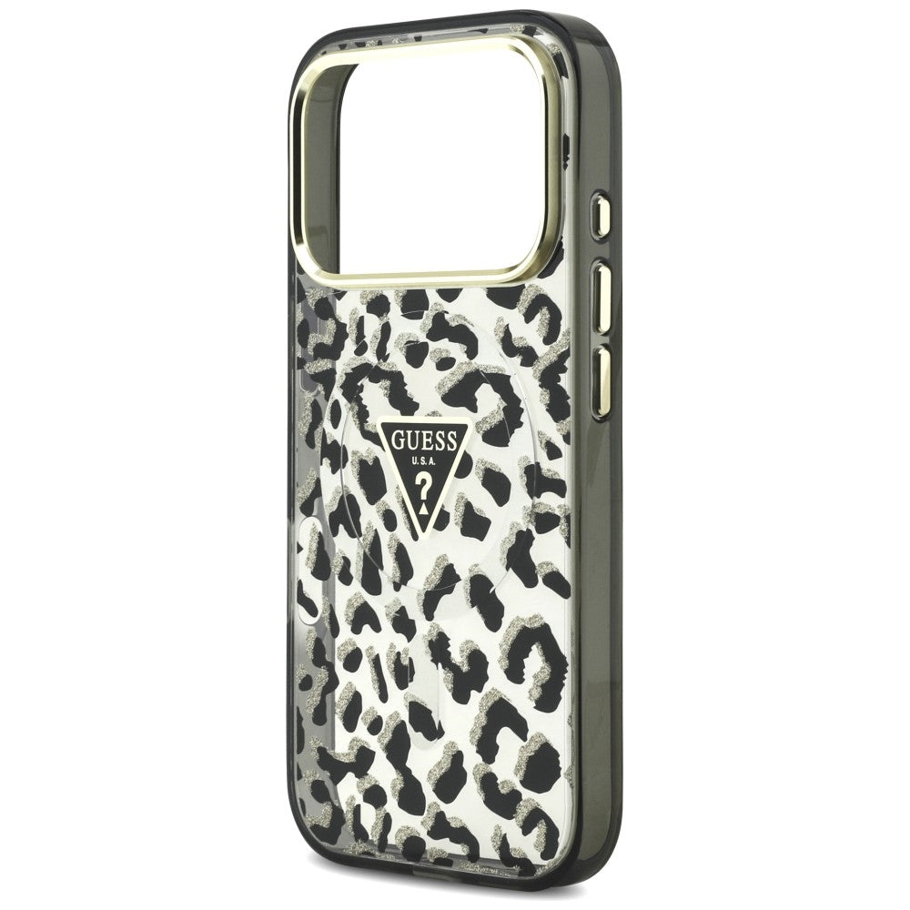 Guess IML Leopard Glitter Triangle Logo MagSafe dėklas iPhone 17 Pro / 18 Pro - Juoda -- iPhone 17 Pro / iPhone 18 Pro